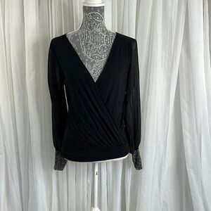 VENUS Black Wrap Blouse with Cuffed Sleeves